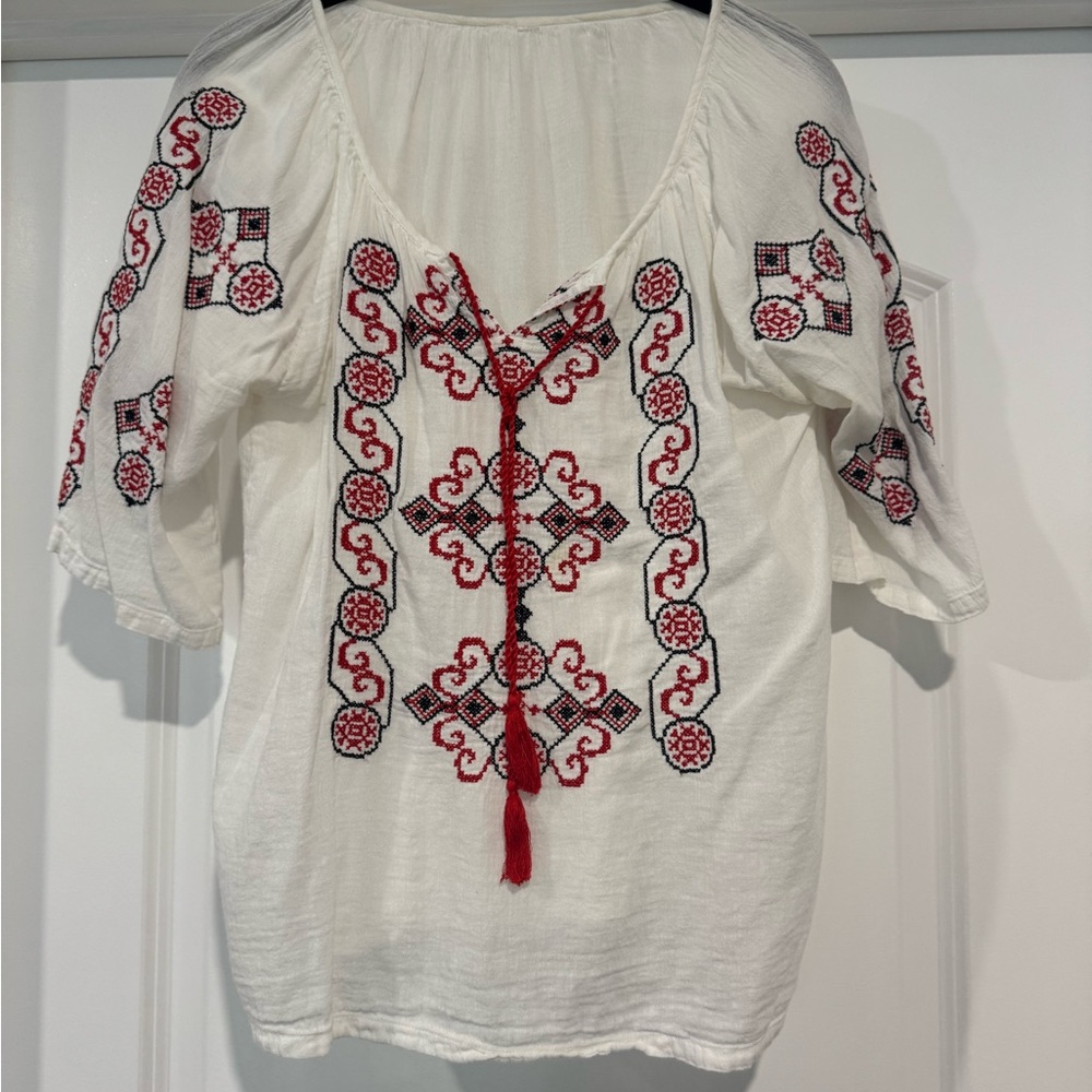 Embroidered Ukrainian Vyshyvanka Peasant Blouse with 3/4 Sleeves - Picture 2 of 3